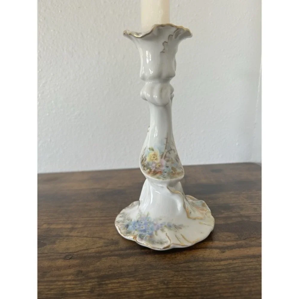 Antique French Porcelain‎ Hand Painted Candlestick Holder Circa 1900 Floral